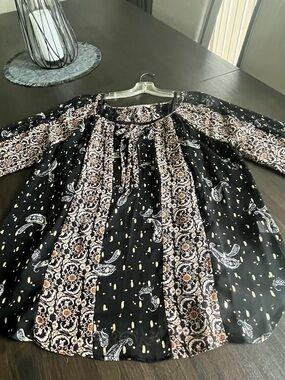 Figuerca & Flower Black Print Paisley & Medallion Print Peasant Blouse Large